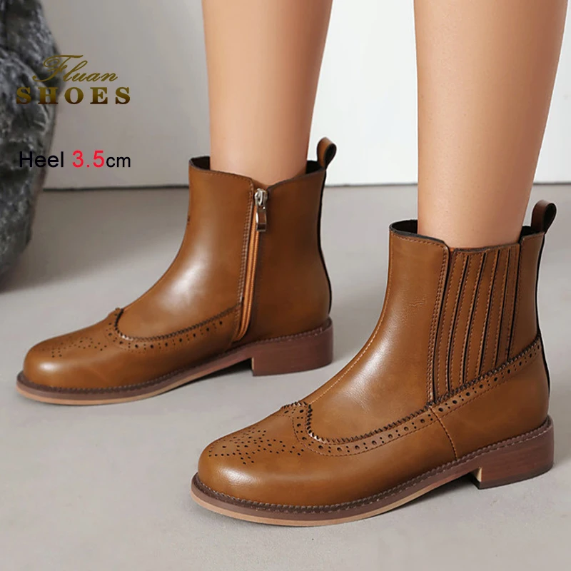 

Autumn Winter Dark Brown Burnt Lace Women's Ankle Boots Thick Sole Heels 3.5cm Round Toe Leisure Daily Short Boots Size 35-46