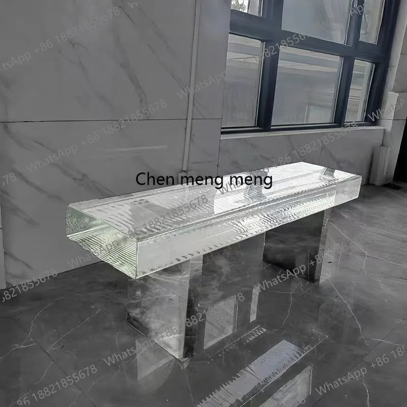 182CC Light Luxury Glass Crystal Decorative Low Footstool Metal Stainless Steel Bench Designer Style Transparent