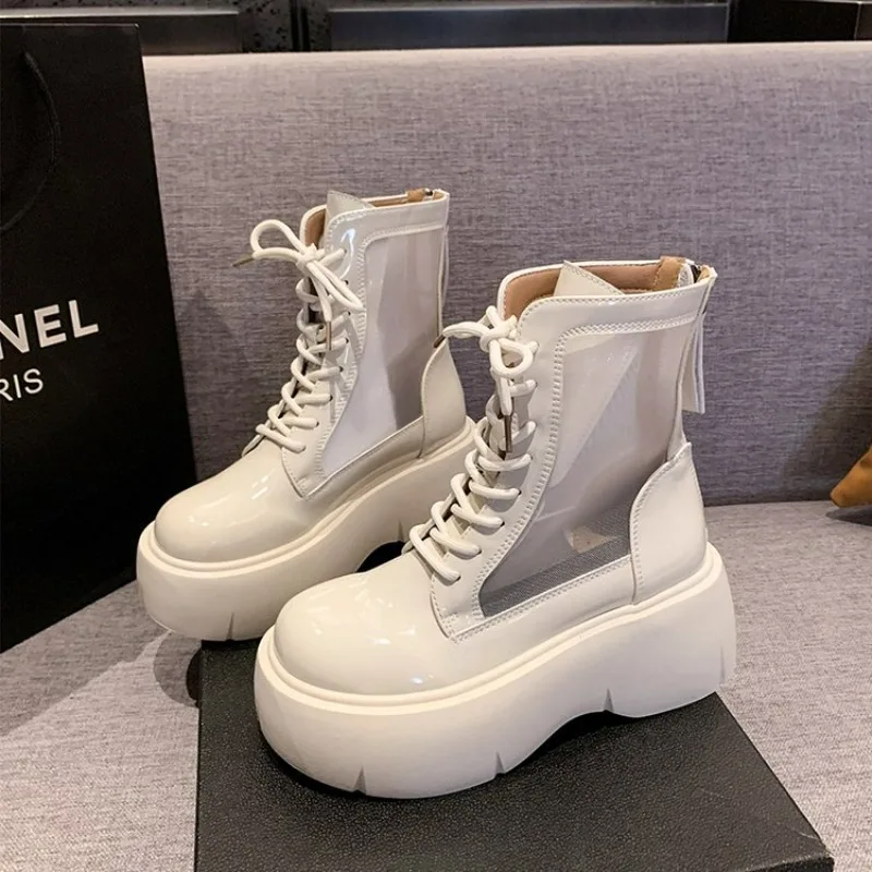 Stivaletti neri Sexy per le donne estate 2024 nuovi stivali con tacco donna pizzo bianco maglia corta Botas mujer moda scarpe di lusso