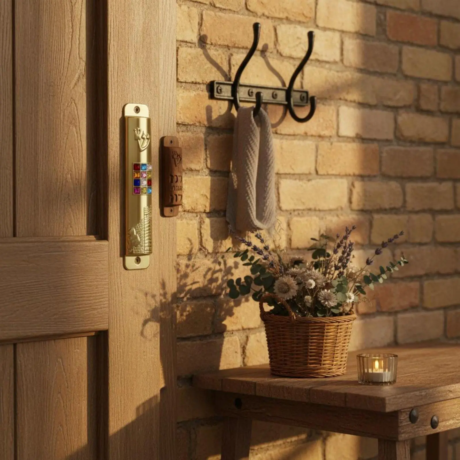item-decorativo-para-porta-com-acabamento-dourado-simbolo-em-caligrafia-e-padrao-de-tijolo-para-parede