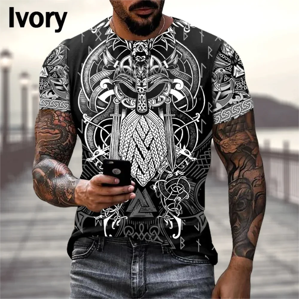 Europe and the United States Selling Viking Tattoo Art T-shirt Men's 3D Printed Round Neck T-shirt Summer Casual Sports Short Sl