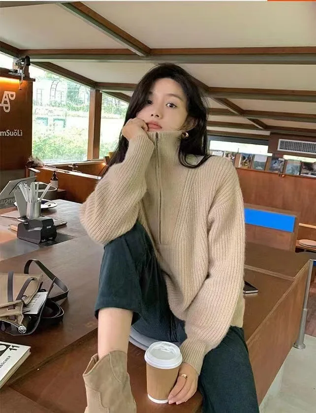 Spring and Autumn Winter Simple and Versatile Half Zipper Woolen Sweater Loose Thick Sweater Coat Knitted Base Sweater