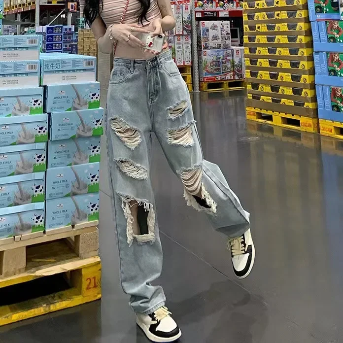 Trou jean femmes droit Denim jambe large pantalon poches bouton fermeture éclair mouche Vintage Streetwear femme pantalon en détresse Denims