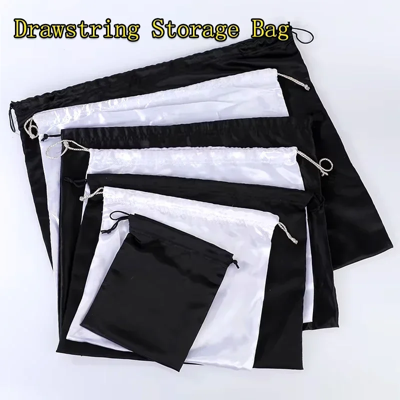 Large Silk Satin Drawstring Care Bag Custom Wigs Storage Dust Proof Packaging Pouch Black Reusable Sack Shoes Travel Bag White