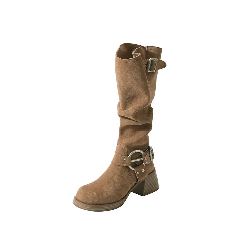 أحذية نسائية فاخرة جديدة المرأة خمر أحذية رعاة البقر الغربية الخريف ساحة عالية الكعب أحذية طويلة للنساء أحذية فارس الموضة