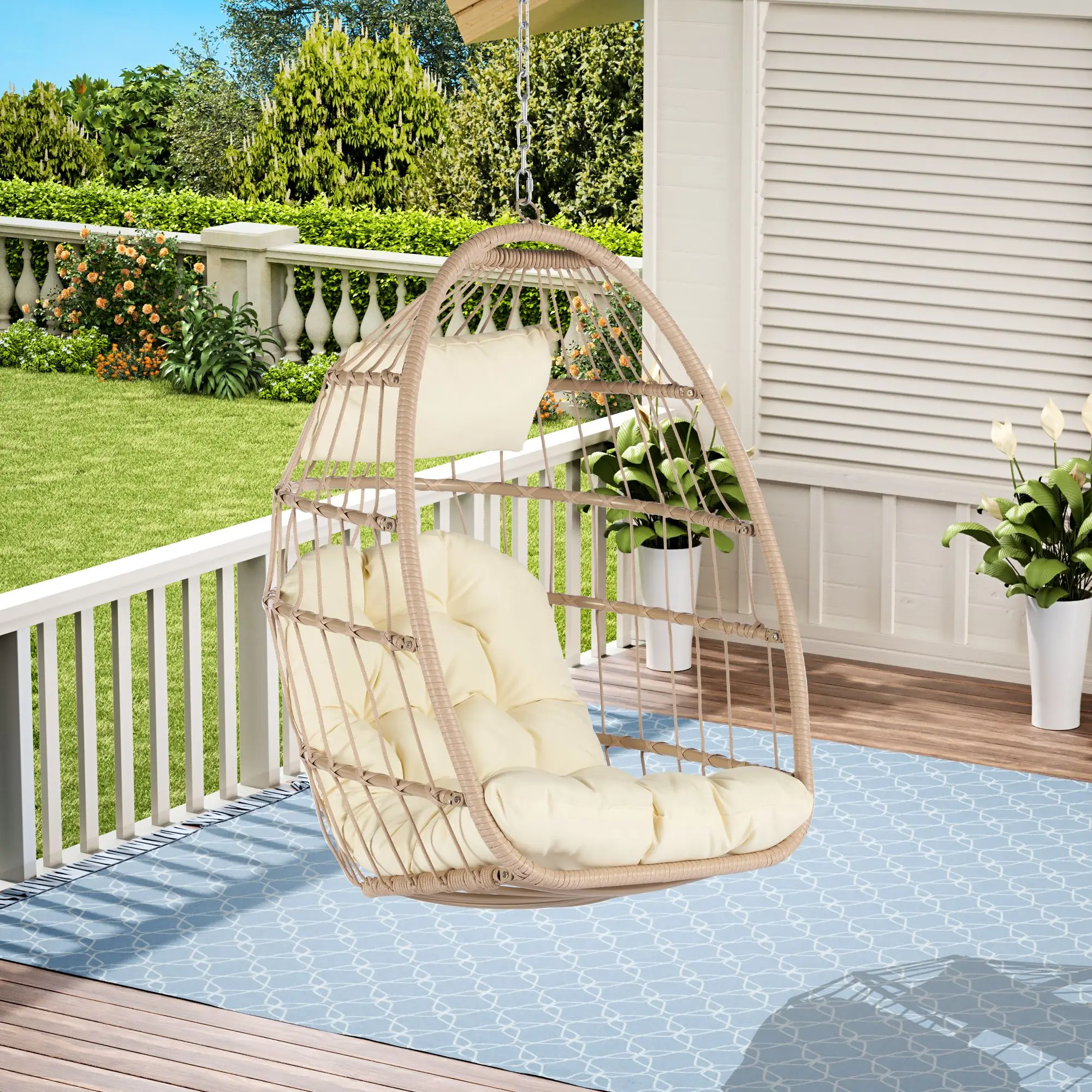 DB Outdoor Garden Rattan Egg Swing Chair Khaki Wood+PE Metal Hanging Chair Living Room Restaurant Courtyard Home Outdoor Furnitu
