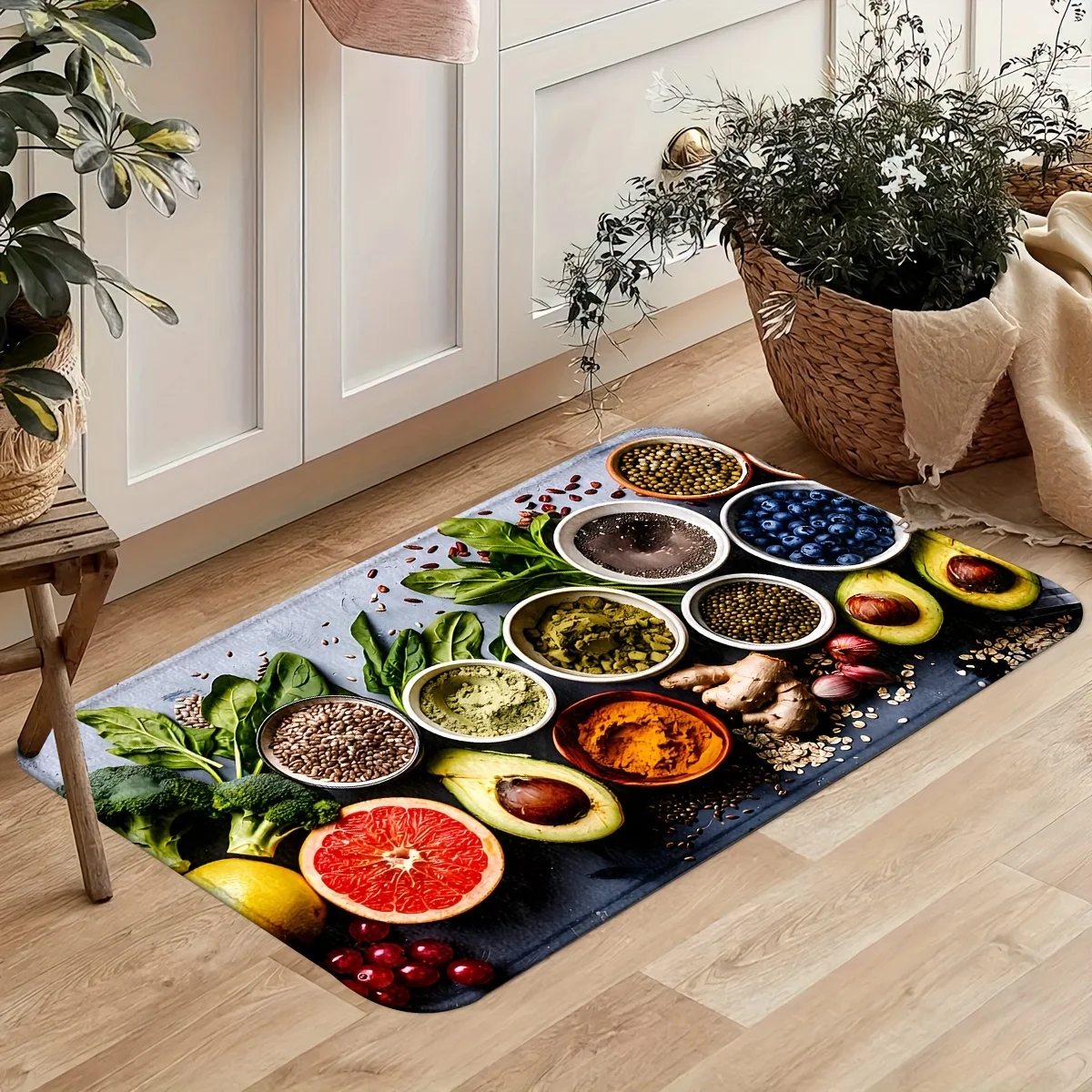 Nordic Healthy Fresh Fruit Vegetable Spice Kitchen Mat Avocado Berry Turmeric Grain Art Design Anti Slip Washable   Doormat