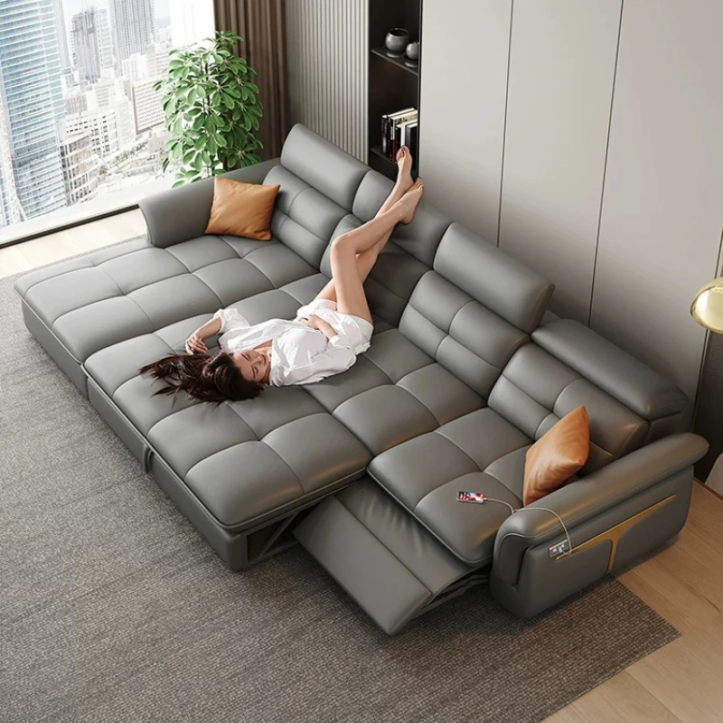 L-Shaped Multifunctional Italian Genuine Leather Sectional Couch Modern Electric Recliner Sofa Bed with Adjustable Backrest