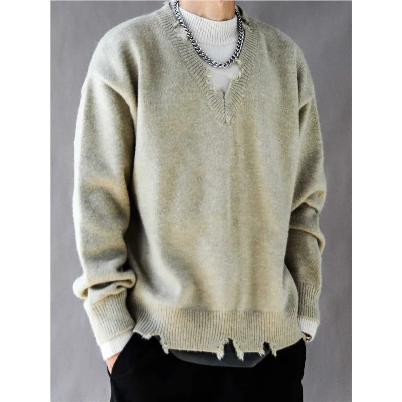 

American Sle Ripped V-Ne Loose Men's Knitwear Autumn Winter Trendy Brand Casual Haome Patchwork Knitted Sweater