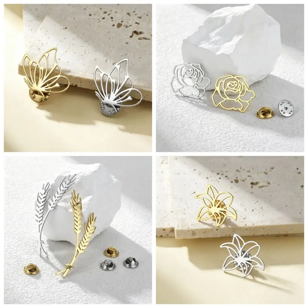 Elegant Stainless Steel Brooches Butterfly Rose Wheat Ears Frangipani Jewelry Accessory Metal Pins Lapel Pins Gift