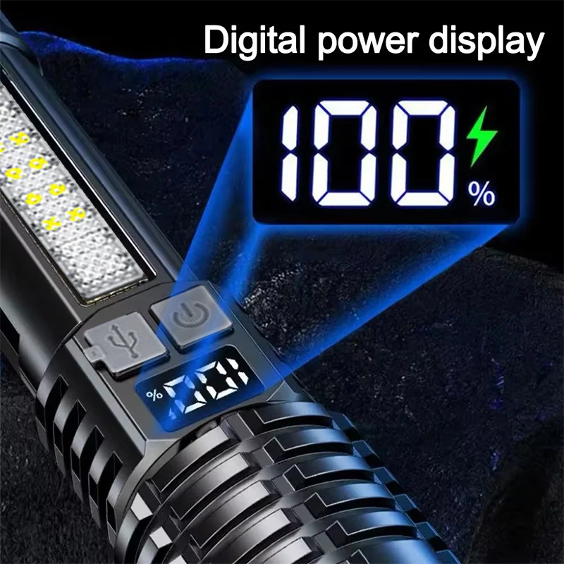 Powerful LED Flashlight Super Bright White Laser Tactical Light Built-in Battery Rechargeable Lantern Side Light Outdoor Torch