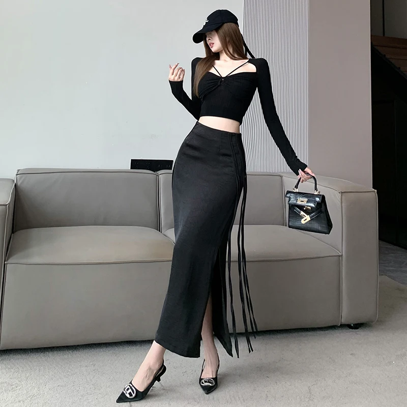 

Bla Satin High Waist A-Line Skirt Women's Design Sense Fringed Long Skirts Commute Sle Asymmetrical Slit Straight Cut