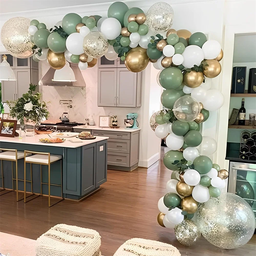 

129pcs Sage Green Balloon Garland Arch Kit White Gold Confetti Metallic Balloons for Wedding Birthday Baby Shower Decorations