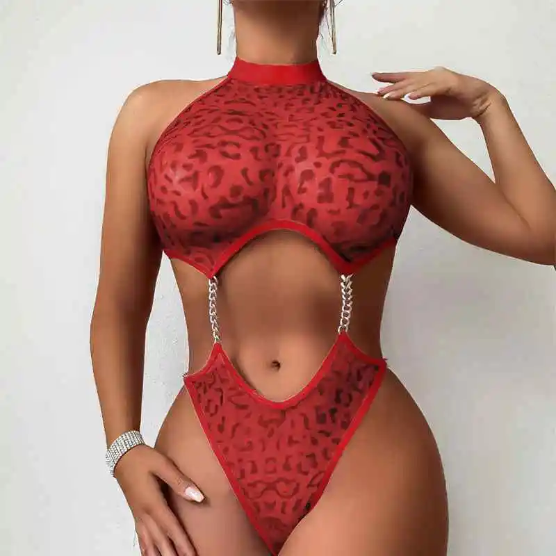 

Wholesale Women's Sexy Leopard Transparent Lingerie Underwear Lady Erotic Hollow Out Teddy Babydoll Night Club Halter Costumes