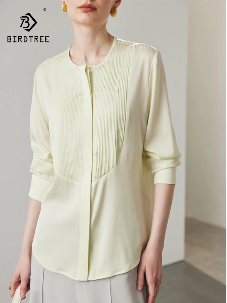 

BirdTree, 19MM 90%Natural Silk Elegant Shirt, Women Long Sleeve Folds, Solid Commute Versatile Blouse, 2024 Summer Fall T47485QC