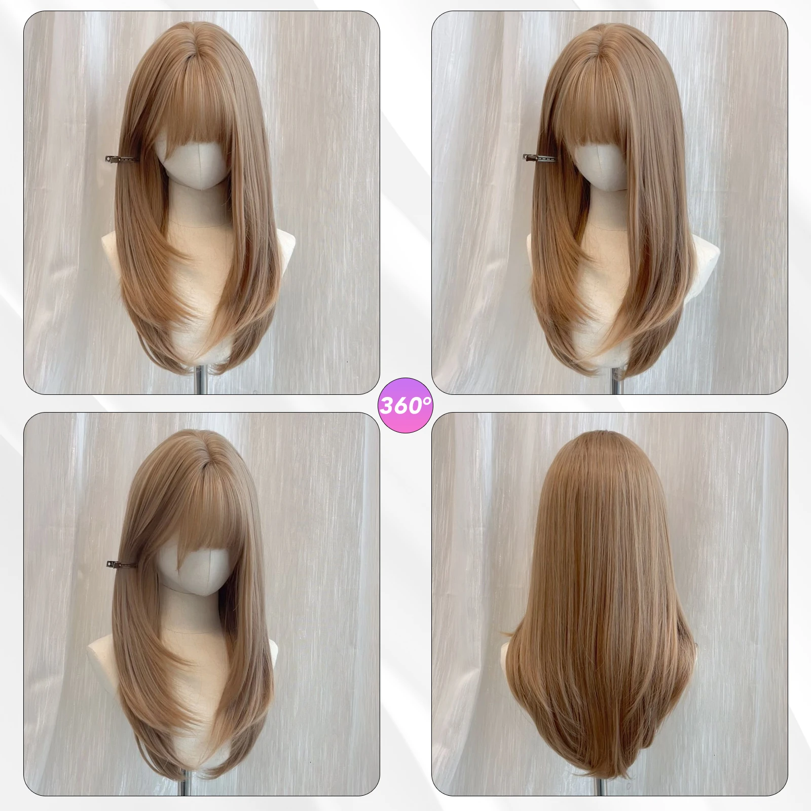 Meici 24 Polegada peruca de franja reta linho loira fibra sintética em camadas cabelo resistente ao calor natural suave estender cabelo selfie festa