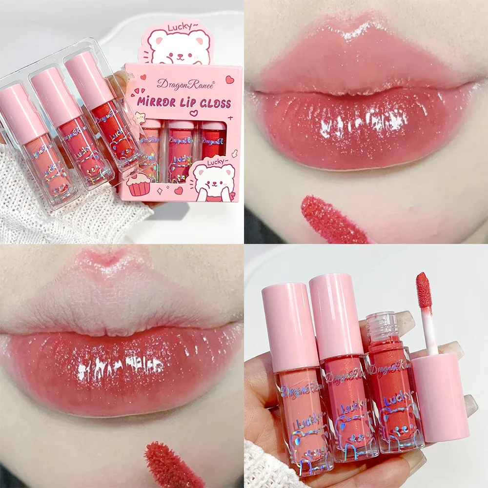 Dragon Ranee 3pcs/set Shiny Moisturizing Cartoon Lip Gloss Moisturizing Shine Long Lasting Natural Lipstick Beauty Makeup Tools