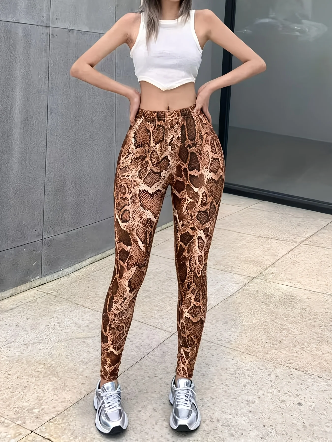 Women Mid‑Rise Fleece Lined Leggings Snake Skin Print Warm Elastic Casual Winter Long Pants