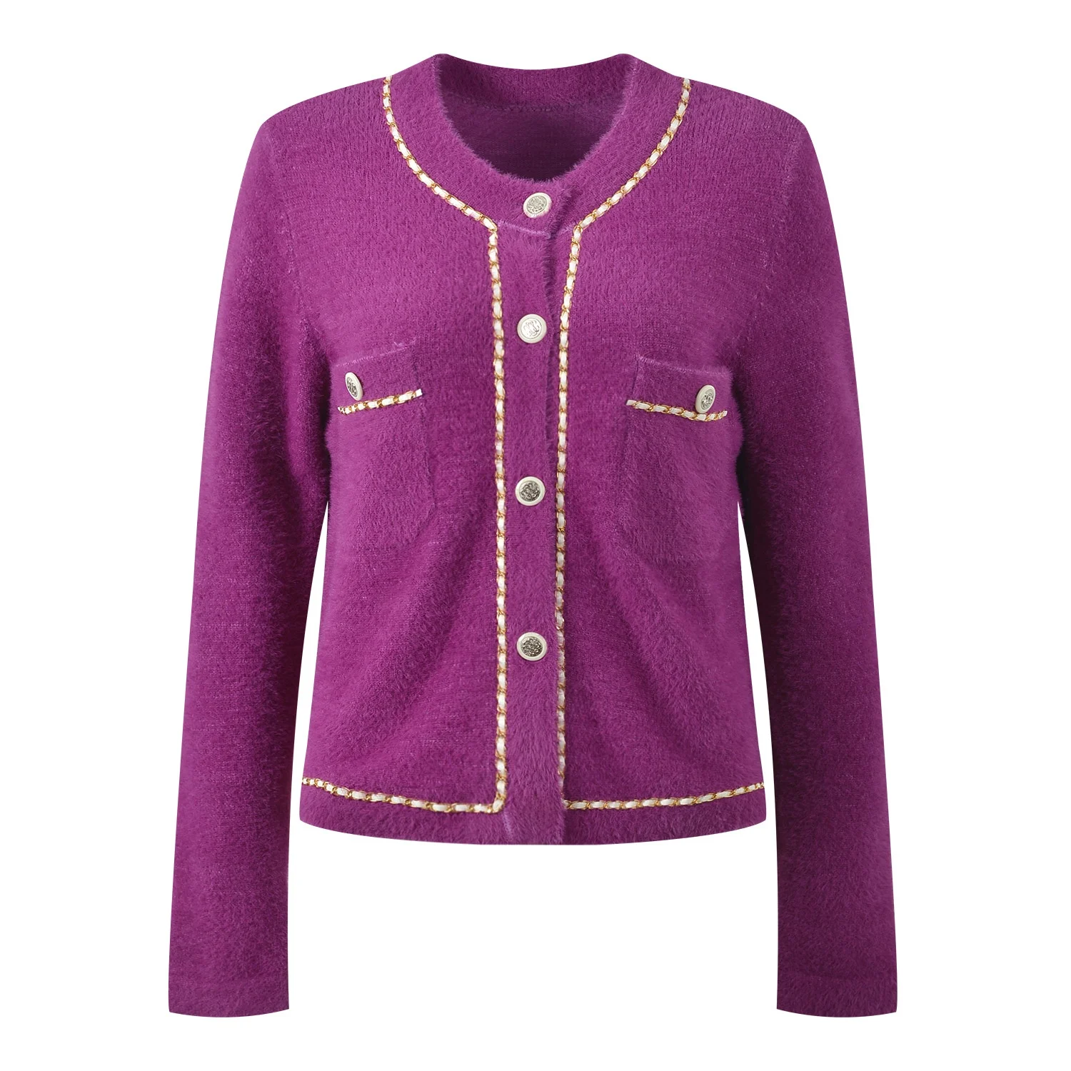 เสื้อคาร์ดิแกนถักไหมพรม แขนยาว ทรงหวาน สีน้ำเงินทอง นุ่ม สบาย ใส่ได้หลายโอกาส แฟชั่นผู้หญิง ฤดูใบไม้ผลิ