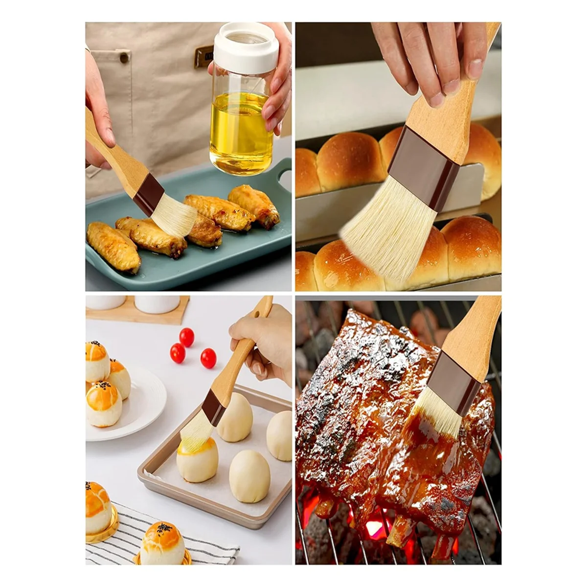 فرشاة المعجنات، فرشاة التغطية للطهي، فرشاة شواء ذات شعيرات طبيعية للزيت والصلصة، فرشاة طعام بمقبض خشبي، 3 عبوات ساخنة