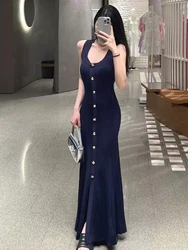 Navy blue single-breasted U-neck sleeveless knit dresses temperament elegant elastic Slim long women's dress 2024 Summer New
