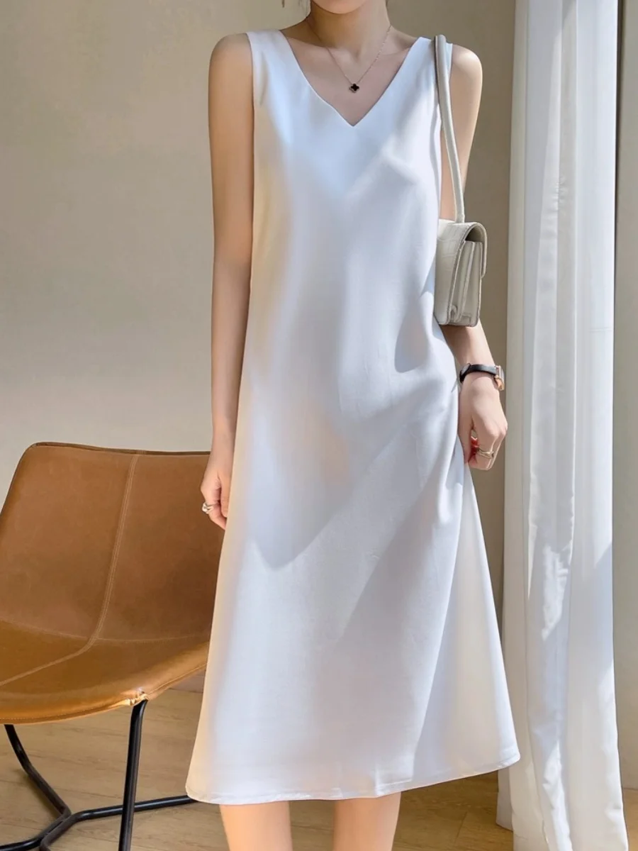 Ele cetim midi dr vestido feminino svel v-ne saia evasê cor pura commute sle primavera verão faion dr