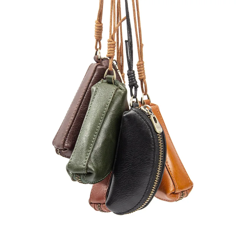

Portable Genuine Leather Coin Purses Zipper Mini Coins Small Wallets for Women Key Headset Lipstick Storage Pouch with Lanyard