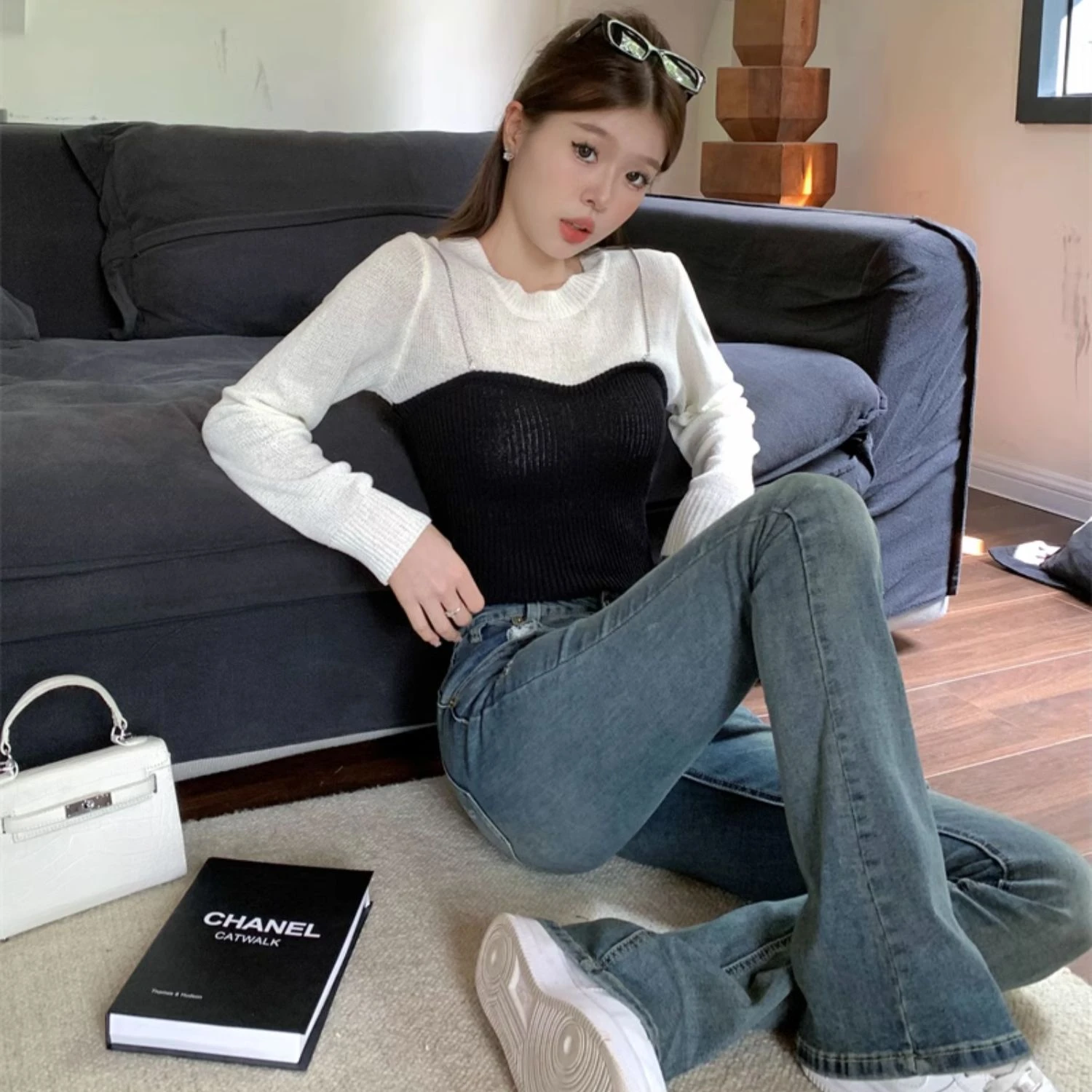 Fake Two Piece Sweaters Women Slim Spring Autumn Knitwear French Style Retro Spliced Chain Office Lady Versatile Classic Formal