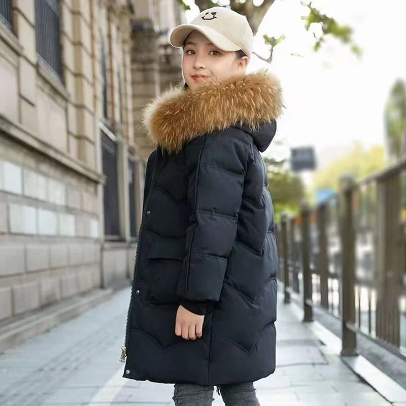 -30℃ Girls Padded Down Jacket Winter Kids Thick Warm Cotton Clothes Coat Lining Plush Hooded Outerwear Cold Parka Snowsuit 5-12Y