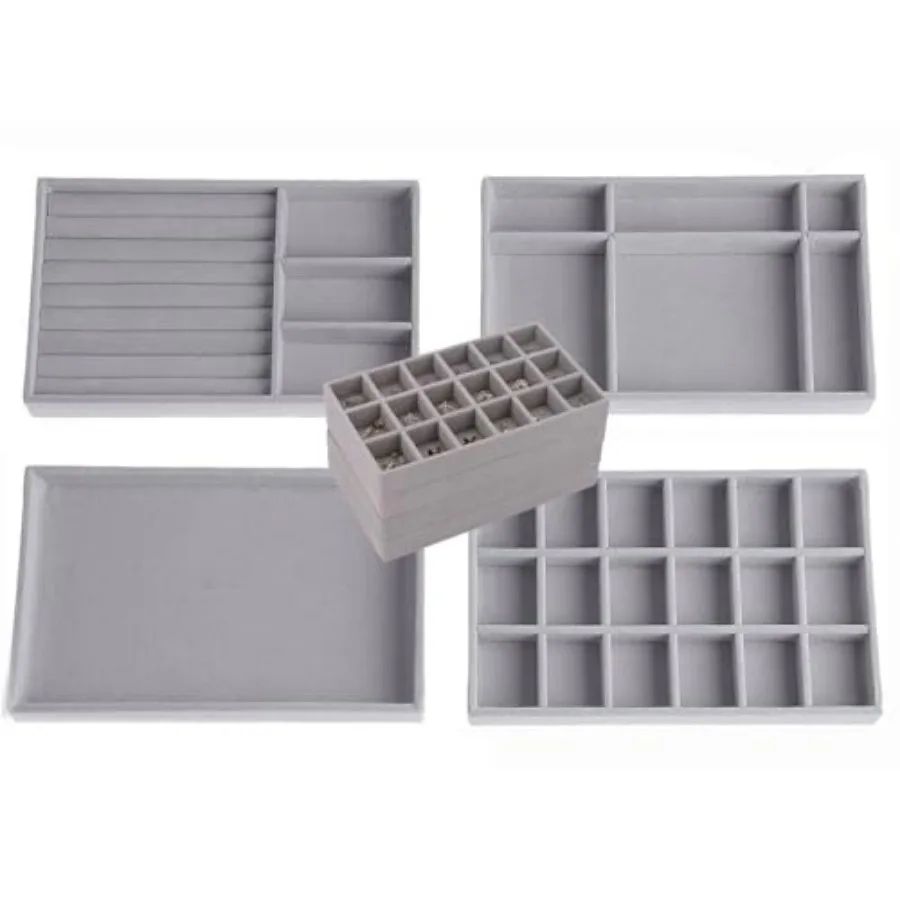 Stackable Jewelry Organizer Trays for Drawer, Set of 4 Velvet Jewelry Drawer Inserts in Dresser, 8in Storage Display Case for R