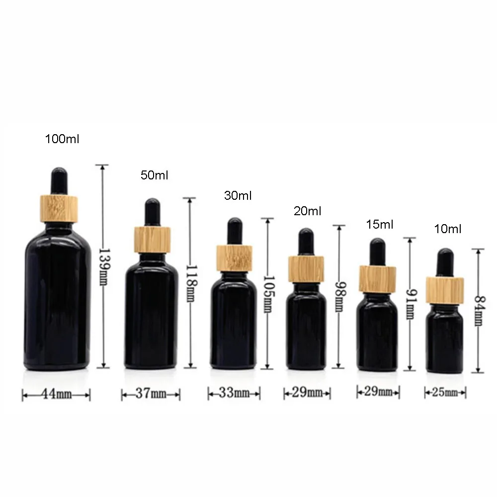 5x 10X Black Glass Dropper Bottles Bamboo Wood Essential Oils 5 ~ 100ML Matte Eye Drop Dripper Bottle Portable Refillable Travel