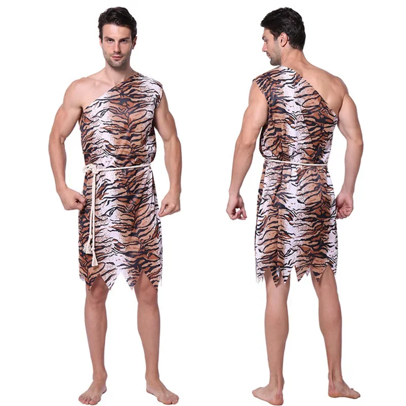 Primitive Indian Clothing Costume Caveman Croods Flintstones Purim Carnival Halloween Tiger Skin Jumpsuits Men Adult C20435AD JS