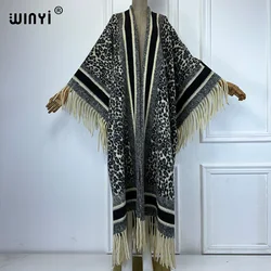 WINYI Winter Women Fringed Leopard print cardigan abaya dubai luxury Coat maxi OverCoat Thick Warm Female winter outerwear dress