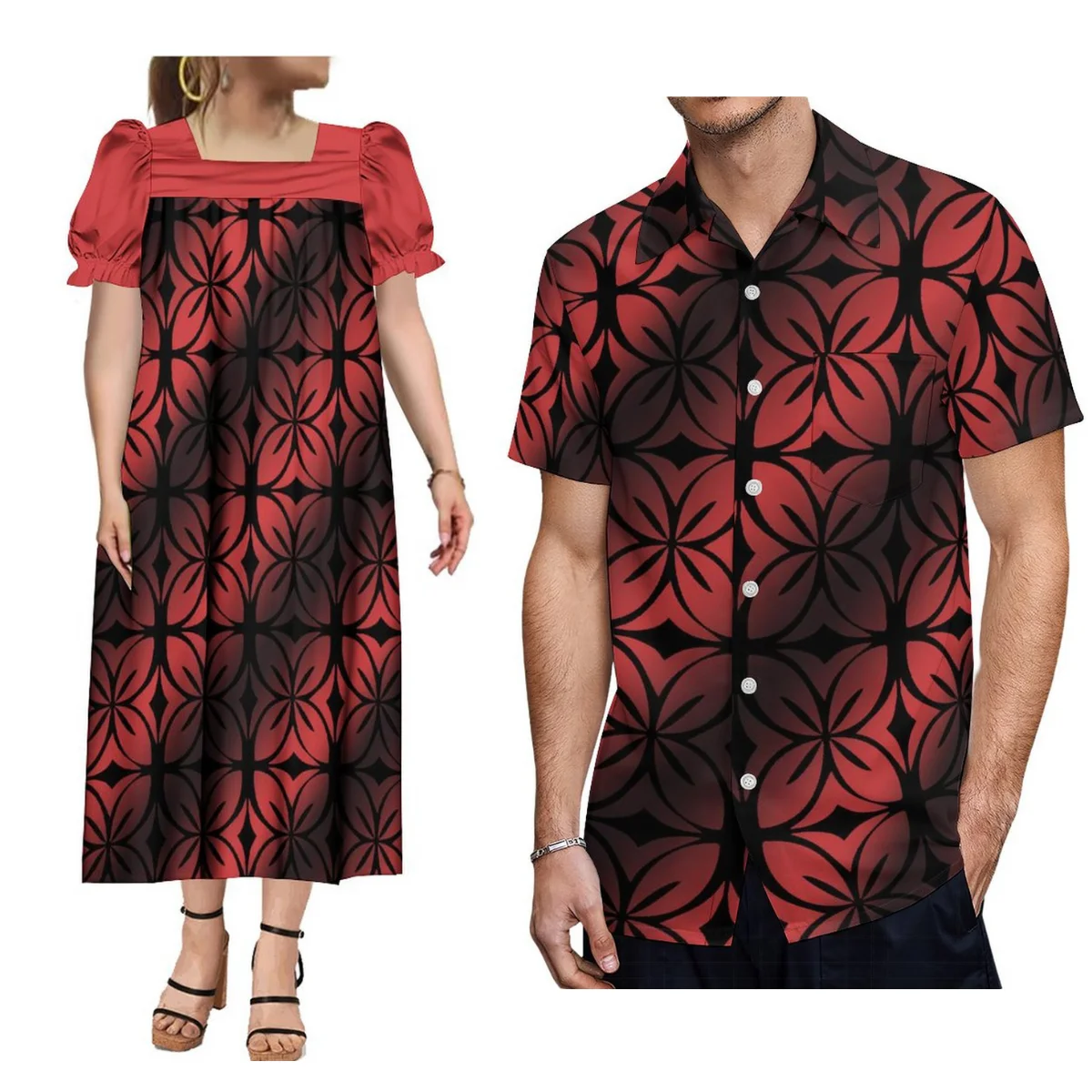 

Mumu Fashion Women'S Puffy Sleeve Dress Polynesian Tribal Feature Art Print Matching Men'S Casual Beach Shirt