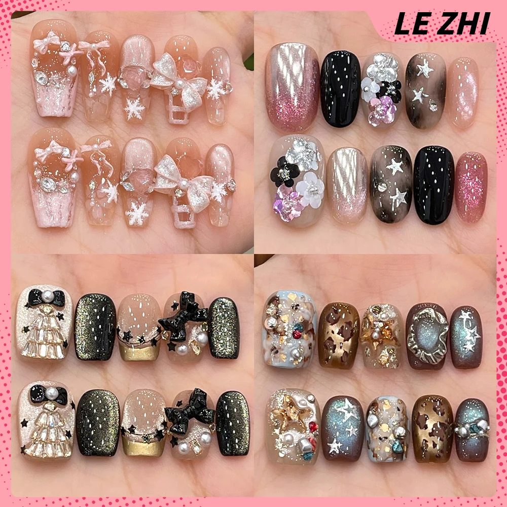 

Beautiful Luxury Flash Diamond Pearl Handmade Short Square Ellipse Press On Nail Bowknot Flower Cat Eye Fake Nail Christmas Gift