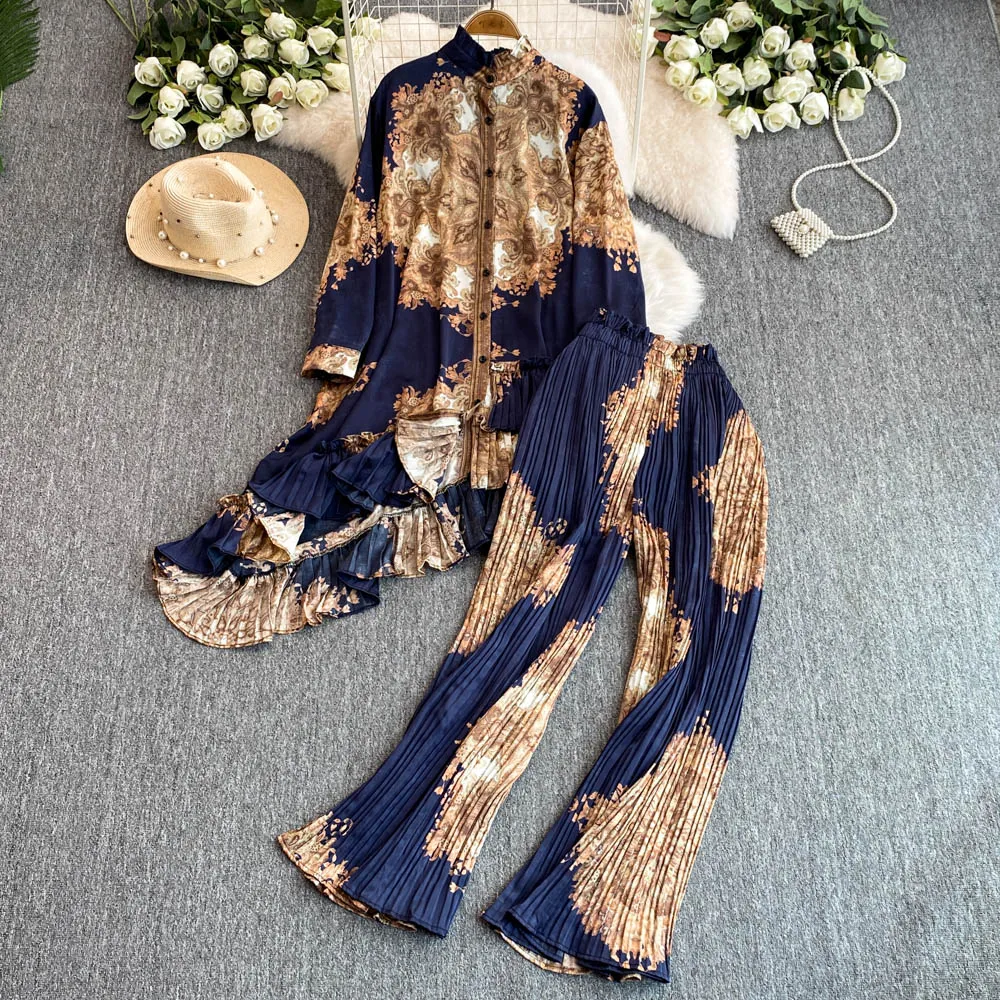 Fashion Suit European American Long Sleeved For Women Loose Irregular Print Shirt Two-piece Set High Waist Flared Pleated Pants