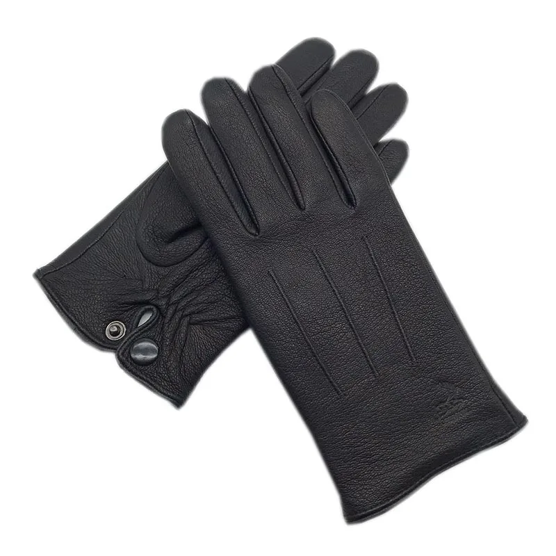 Winter Men\'s Deerskin Gloves Wrist Fashion New Leather Deerskin Gloves Wool Lining Machine Stitching Warm Driving Small Size Rid