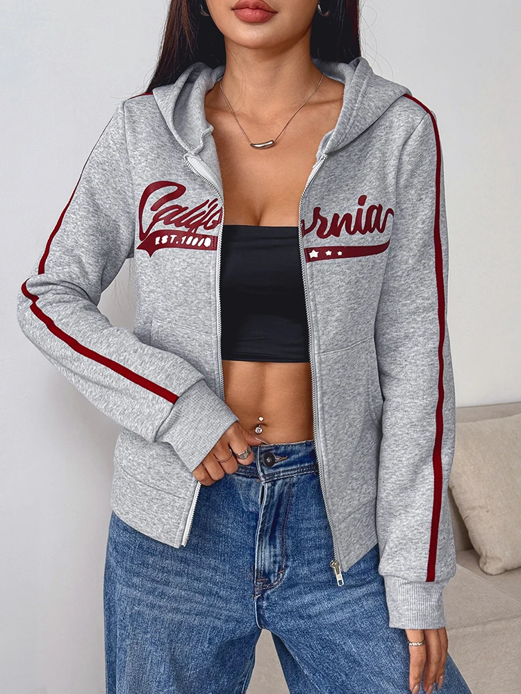 

Спортивная женская толстовка с капюшоном, осенняя новая уличная одежда, модный принт, длинные рукава, карманы, молнии, топы, пальто, повседневное тонкое универсальное пальто