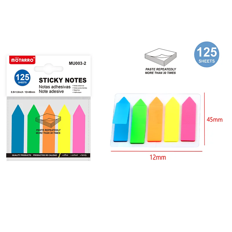 MOTARRO 5/10 Packungen Arrow PET Haftnotizen, 25 Blatt 12 x 44 mm fluoreszierende transparente Notizblöcke, selbstklebende Seitenmarkierungen für R