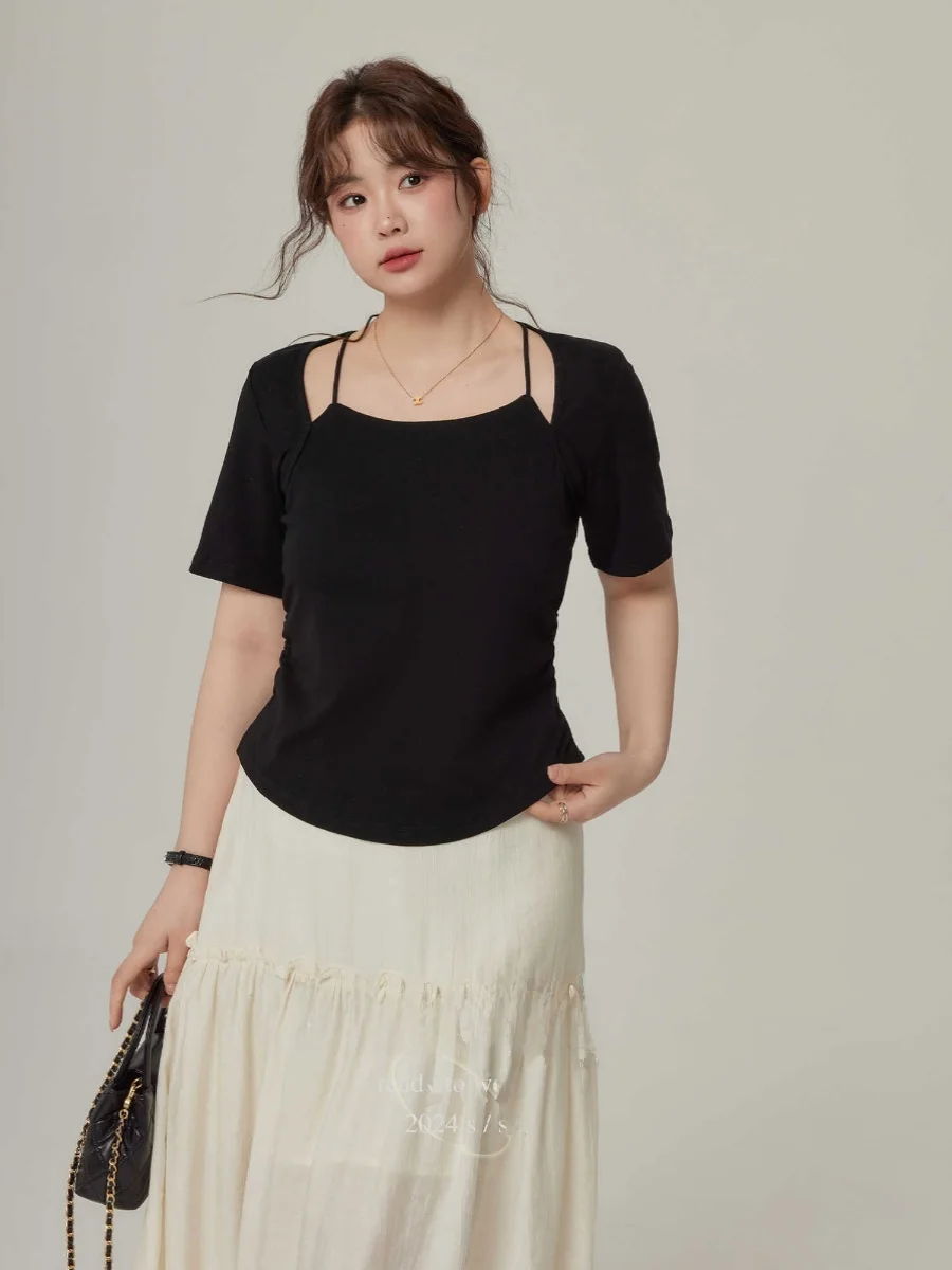 

plus Size Women's Short Sleeve T-Shirt Shoulder Bared Korean Style Casual Cotton Top for Summer Slimming Design Everyday Wear