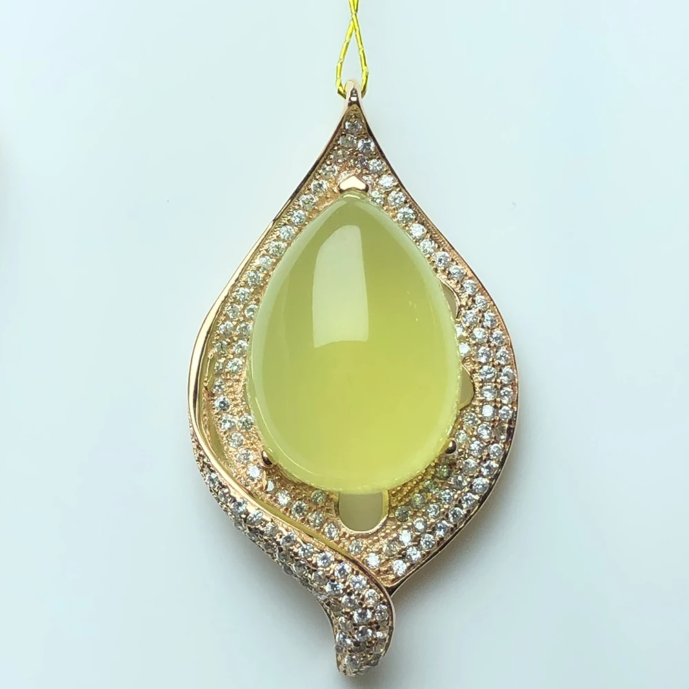 

Natural yellow prehnite silver 925 pendant cut gemstone with flowers Vintage carving style fine jewelry