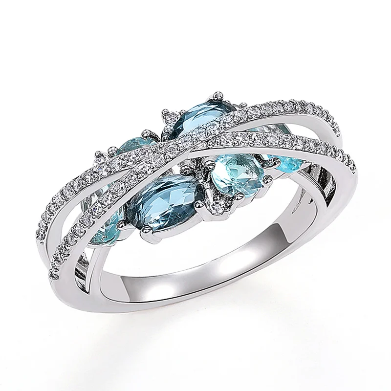 Huitan Unique Blue CZ Cross Rings for Women Newly Designed Wedding Accessories Luxury Trendy Female Rings Party Jewelry Anillos