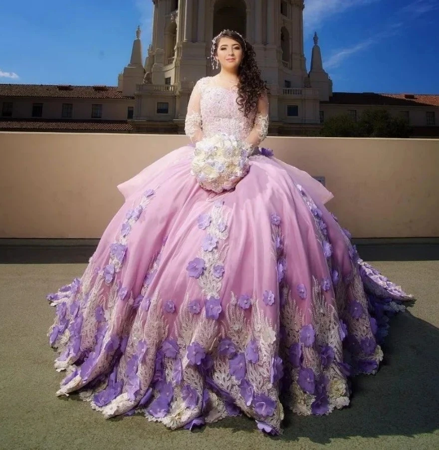 Vestidos Princesa Quinceanera, Vestido de baile, Manga comprida, Pérolas florais, 16 vestidos doces, 15 anos