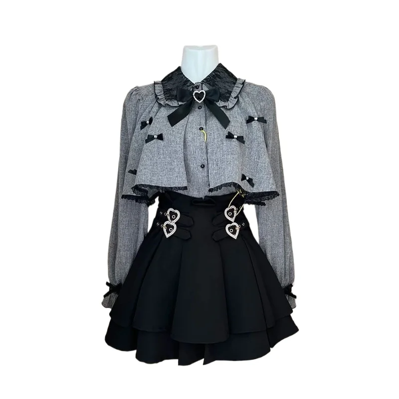 

Japanese Mass-produced Cute Sweet Short Cape Shawl Bow Love Splicing Shirt Skirt Set Elegant Commuting Makes You Look Younger