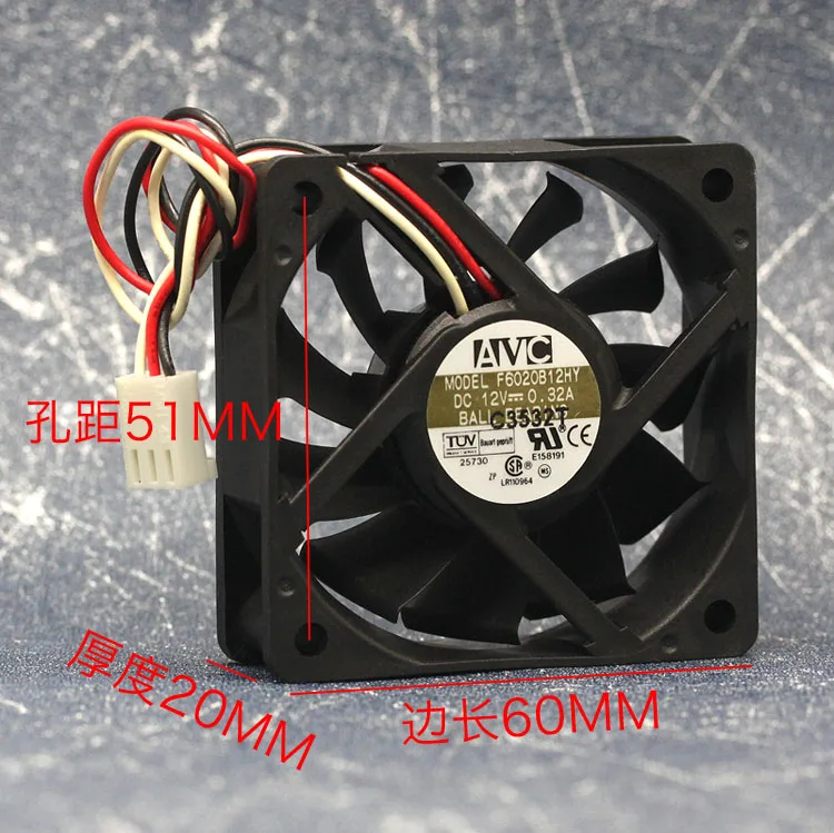 AVC F6020B12HY DC 12V 0.32A 60x60x20mm 3-Wire Server Cooling Fan