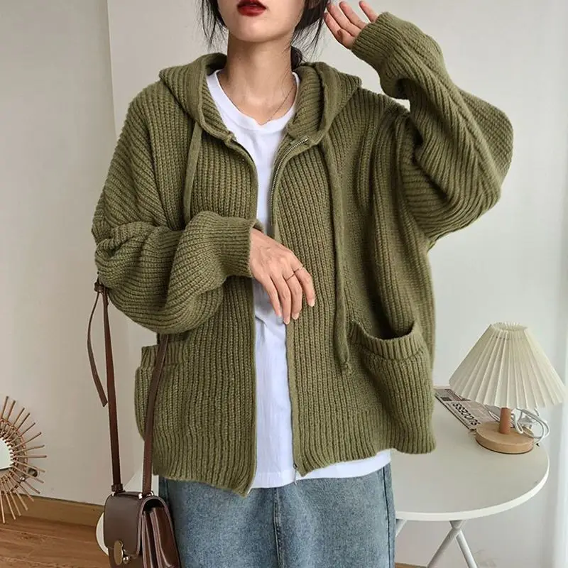 

High Quality Double Women Knitwear Autumn Ladies Jacket Sweater Coat Grunge Vintage Loose Solid Hooded Cardigans