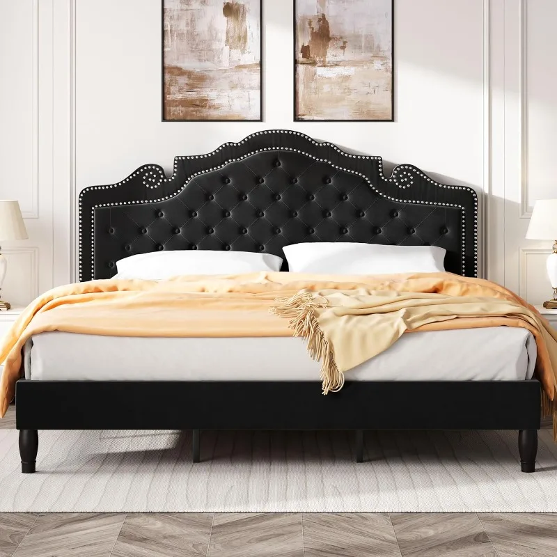 Bed Frame with Adjustable Headboard/Velvet Upholstered/Diamond Button Tufted and Metal Studs