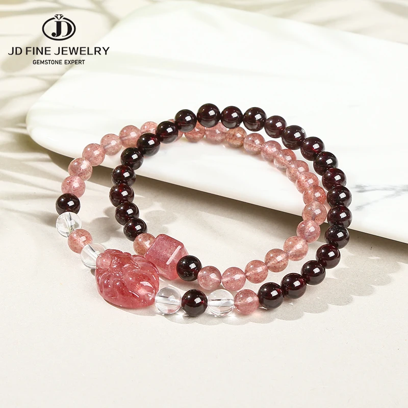 JD Natural Stone Garnet Strawberry Quartz Double Layer Lucky Bracelets Women Luxury Energy Stretch Bangles Girlfriend Wrist Gift