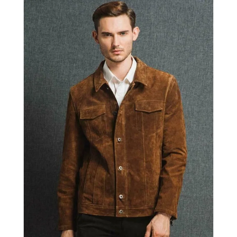 Men's Brown Suede Leather Jacket Slim Fit Casual Jeans Jacke Fashion Trends