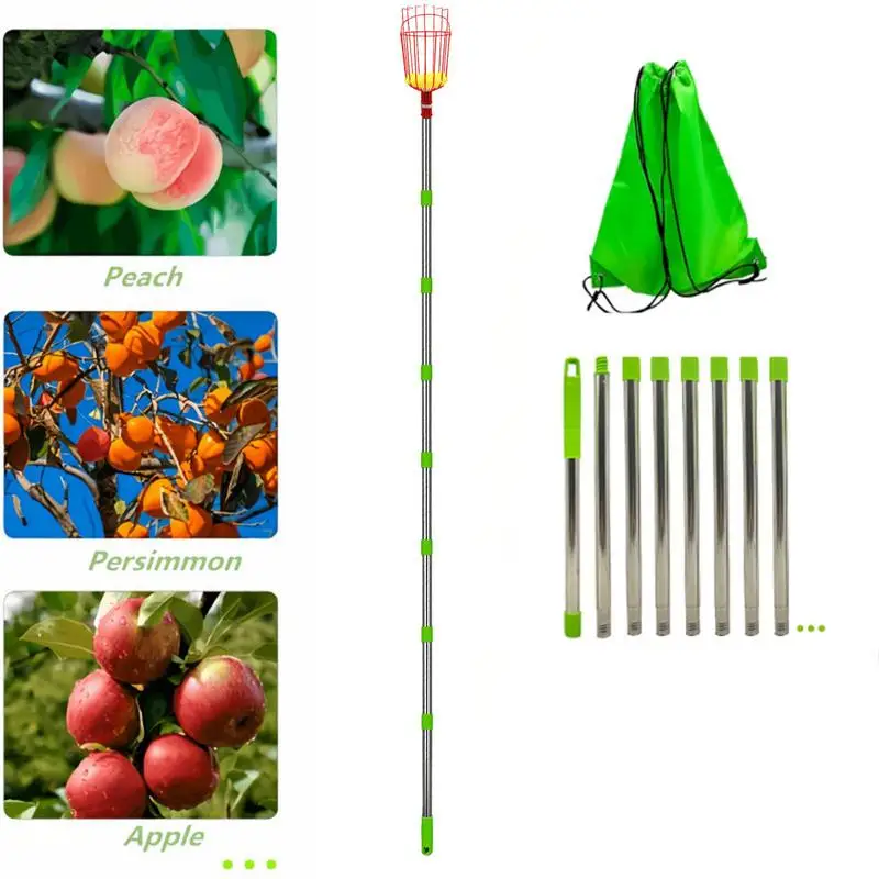 Telescopic Fruit Picker Stainless Steel Apple Picking Device Portable Harvesting Fruit Collector Catcher Detachable Picker Pole